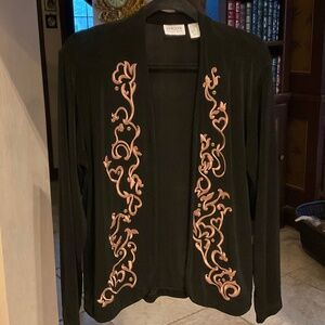 Chico’s Travelers XL Black Cardigan Jacket Size 3 Open Front Stretch Embroidered